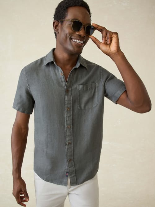 on model image of Palma Linen Short Sleeve Shirt