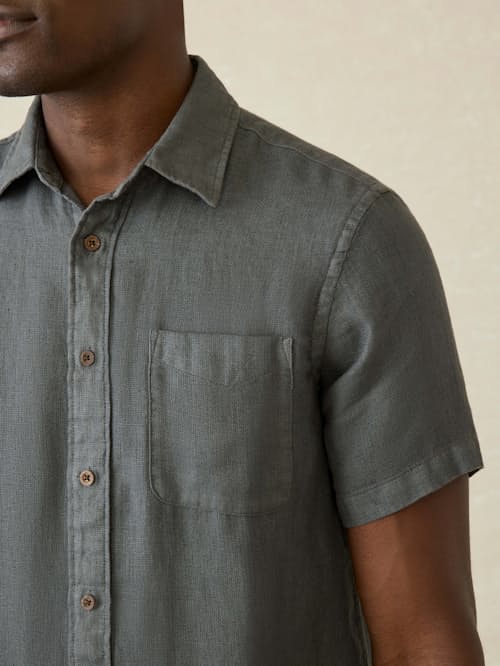 on model image of Palma Linen Short Sleeve Shirt