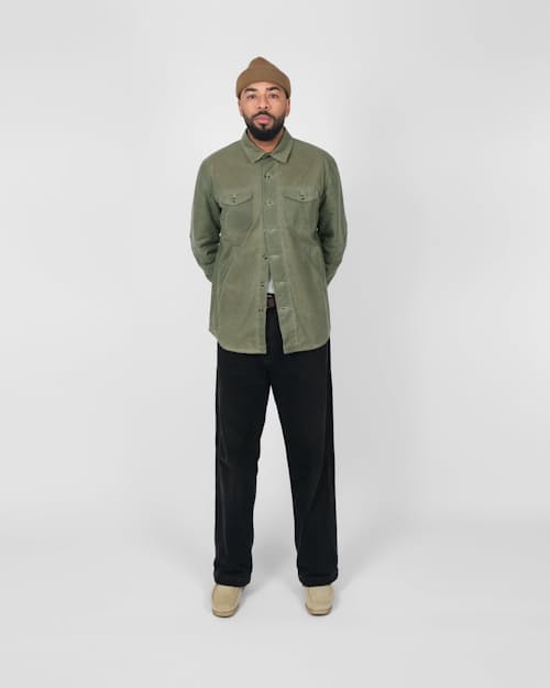 on model image of Crissman Lightweight Waxed Overshirt