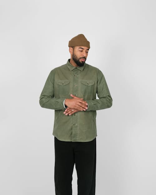 on model image of Crissman Lightweight Waxed Overshirt