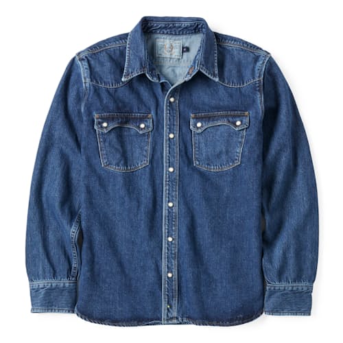 laydown image of Modern Western Pearlsnap Selvedge Denim Shirt