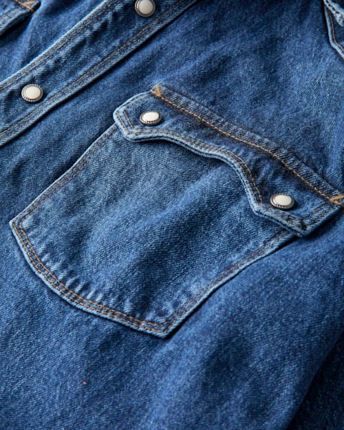 laydown detail image of Modern Western Pearlsnap Selvedge Denim Shirt