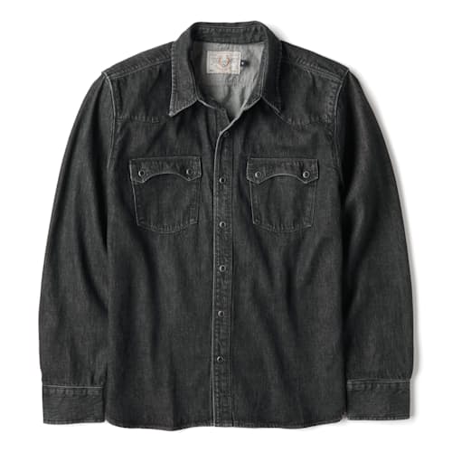 laydown image of Modern Western Pearlsnap Selvedge Denim Shirt