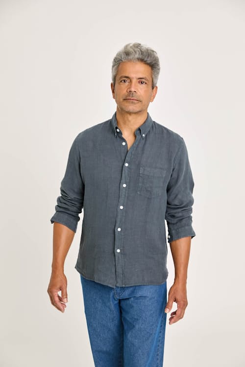 on model image of Branco Linen Long Sleeve Shirt