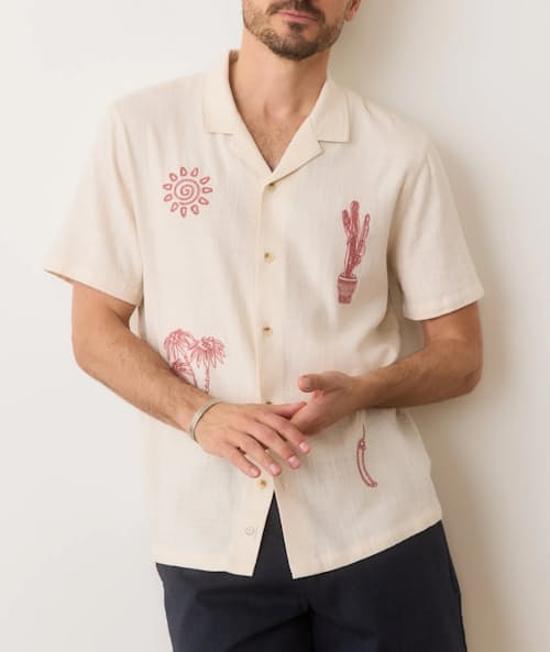 on model image of Embroidered Resort Short Sleeve Shirt