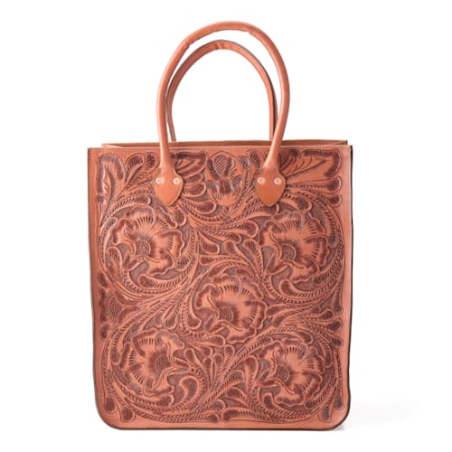 laydown image of Western Hand Tooled Leather Tote Bag - Large