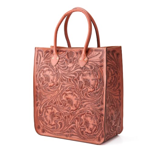 laydown image of Western Hand Tooled Leather Tote Bag - Large