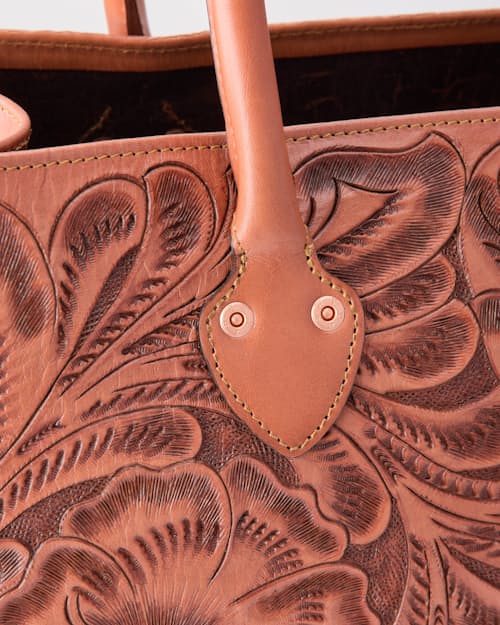 laydown detail image of Western Hand Tooled Leather Tote Bag - Large