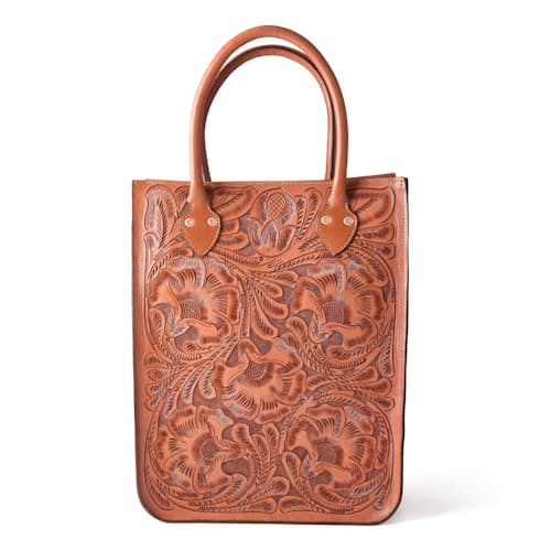 laydown image of Western Hand Tooled Leather Tote Bag - Medium