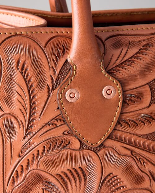 laydown detail image of Western Hand Tooled Leather Tote Bag - Medium