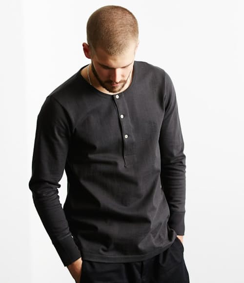 on model image of Loopwheeled Long Sleeve Henley