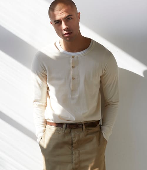on model image of Loopwheeled Long Sleeve Henley