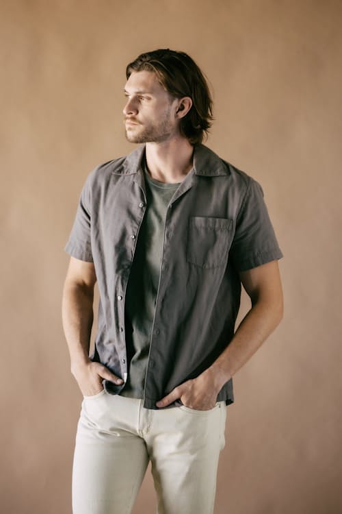on model image of The Wrench Gauze Camp Shirt