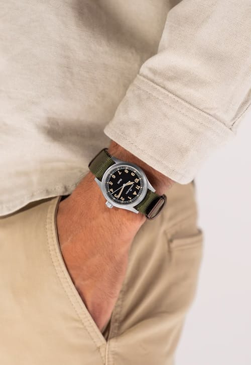 on model image of Khaki Field Quartz 38mm Field Watch