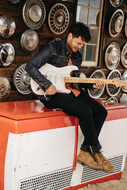 lifestyle image of The Hammer Straight Stretch Selvedge Denim Jeans