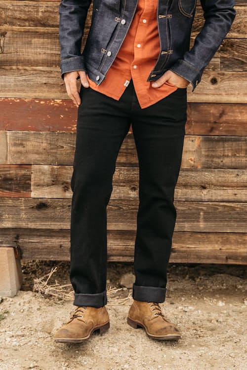 lifestyle image of The Hammer Straight Stretch Selvedge Denim Jeans