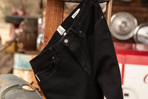 lifestyle image of The Hammer Straight Stretch Selvedge Denim Jeans