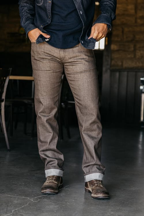 lifestyle image of The Hammer Straight Stretch Selvedge Denim Jeans