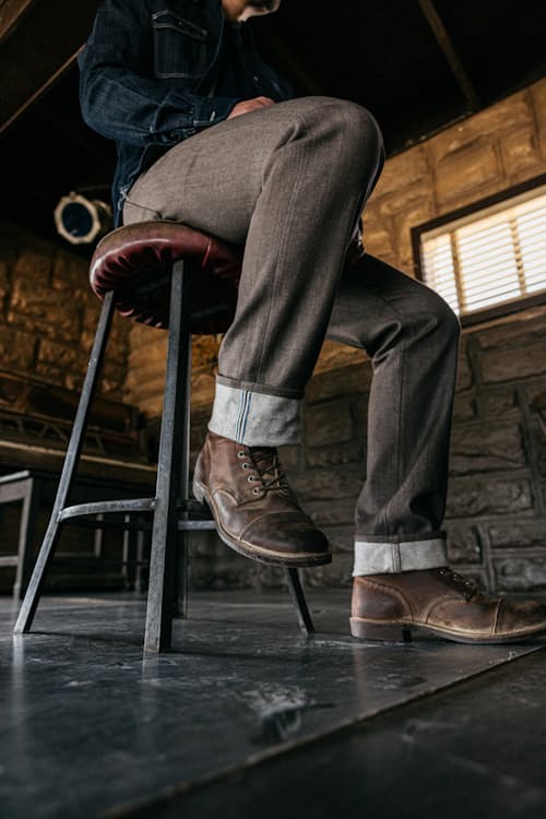 lifestyle image of The Hammer Straight Stretch Selvedge Denim Jeans