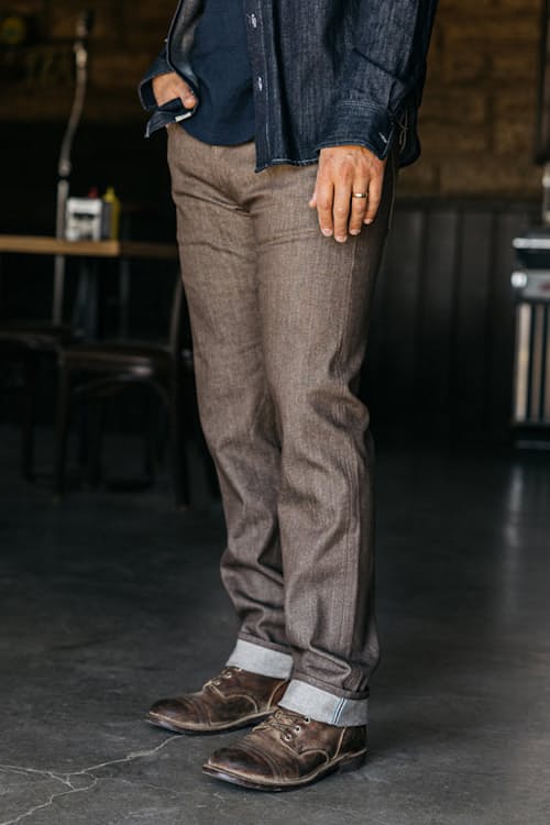 lifestyle image of The Hammer Straight Stretch Selvedge Denim Jeans