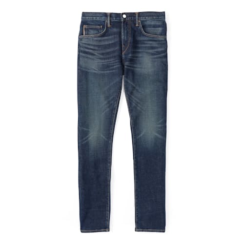 laydown image of The Scissors Slim Tapered Stretch Selvedge Denim Jeans