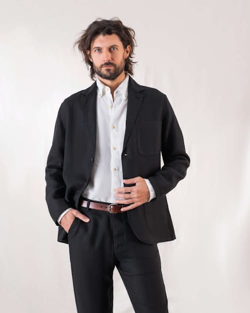 on model image of Alta French Linen Blazer