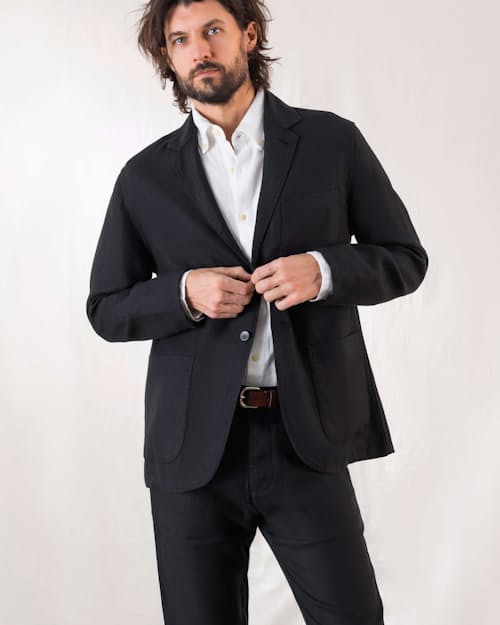 on model image of Alta French Linen Blazer