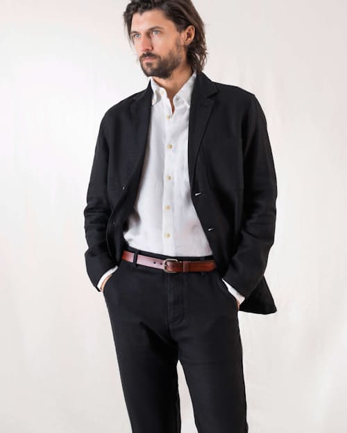 on model image of Alta French Linen Blazer