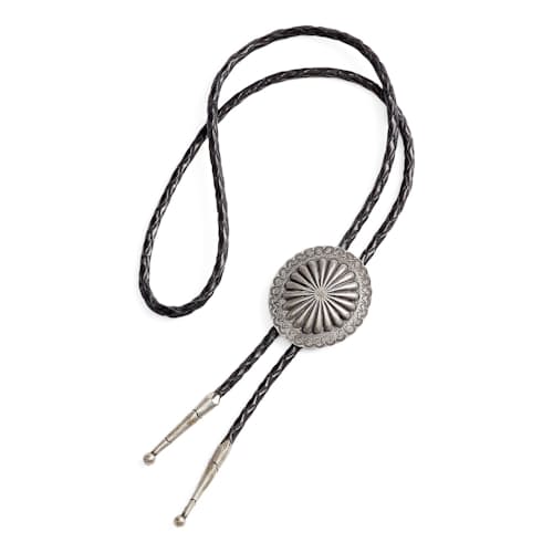 laydown image of Leather Bolo Tie with Silver Metal Plate