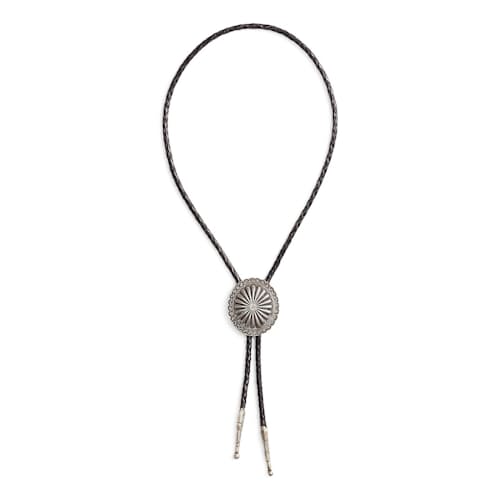 laydown image of Leather Bolo Tie with Silver Metal Plate