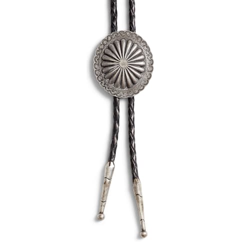 laydown detail image of Leather Bolo Tie with Silver Metal Plate