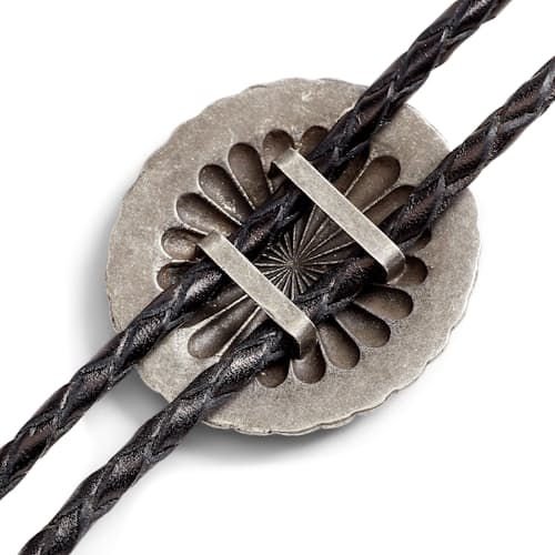 laydown detail image of Leather Bolo Tie with Silver Metal Plate