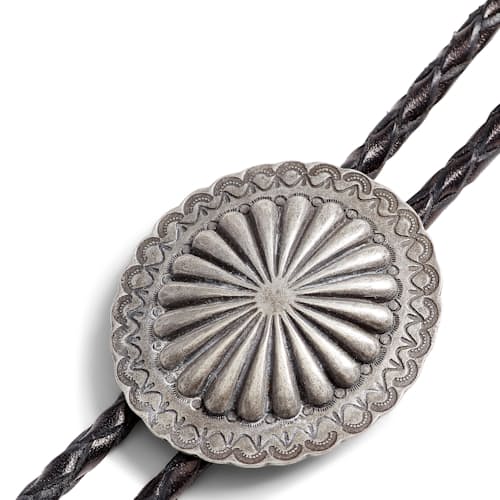laydown detail image of Leather Bolo Tie with Silver Metal Plate