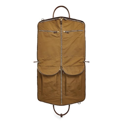 laydown image of Cotton/Leather Garment Bag