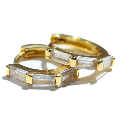 laydown image of Women's Stacked Diamond Huggie Earrings