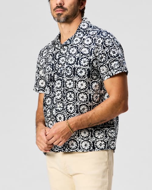 on model image of Block Print Camp Collar Shirt