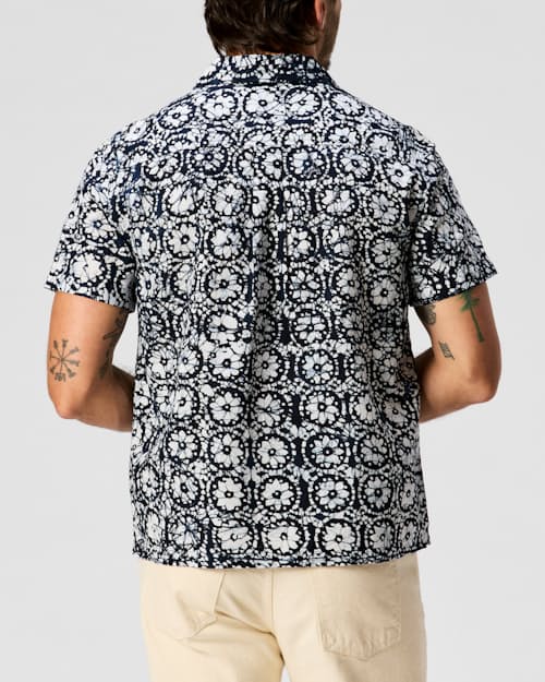on model image of Block Print Camp Collar Shirt