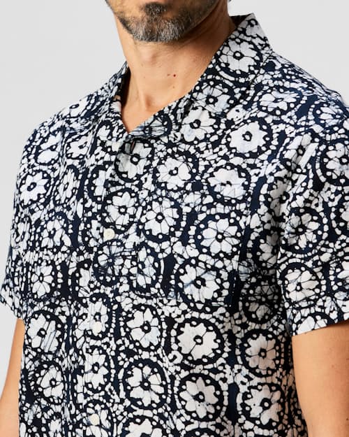on model image of Block Print Camp Collar Shirt