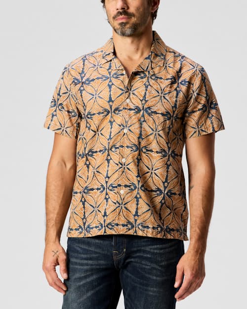 on model image of Block Print Camp Collar Shirt