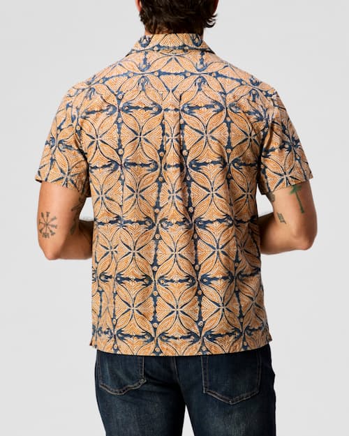 on model image of Block Print Camp Collar Shirt