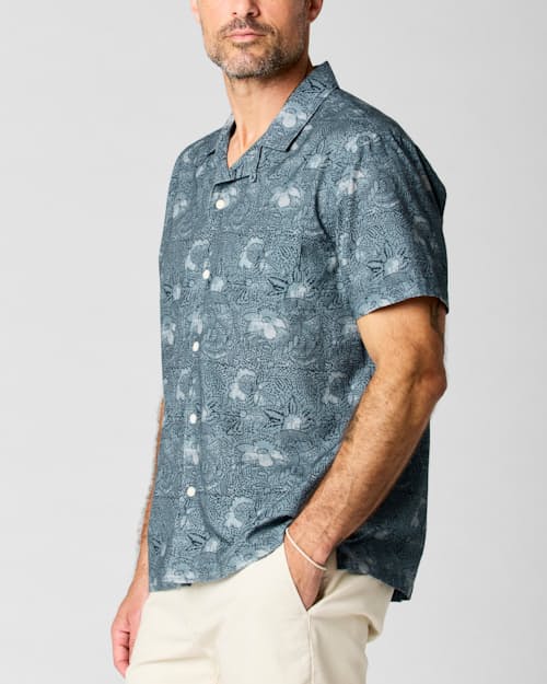 on model image of Printed Dobby Camp Collar Shirt