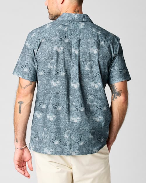 on model image of Printed Dobby Camp Collar Shirt