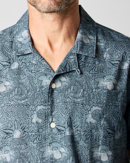 on model image of Printed Dobby Camp Collar Shirt