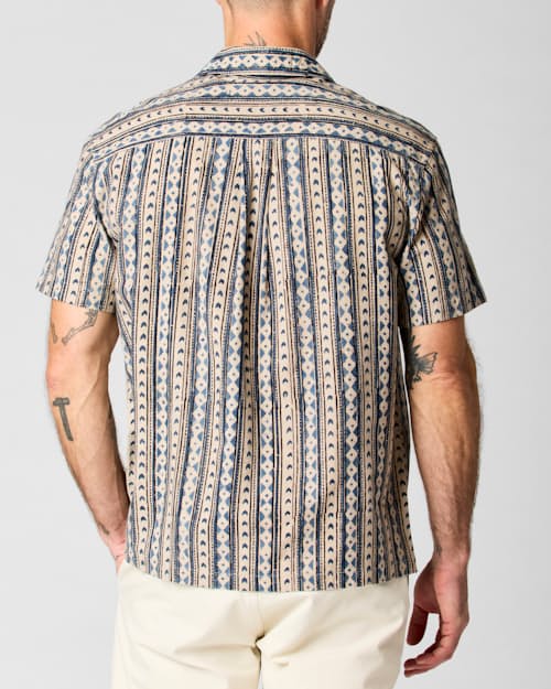 on model image of Block Print Camp Collar Shirt
