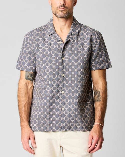 on model image of Embroidered Dobby Camp Collar Shirt