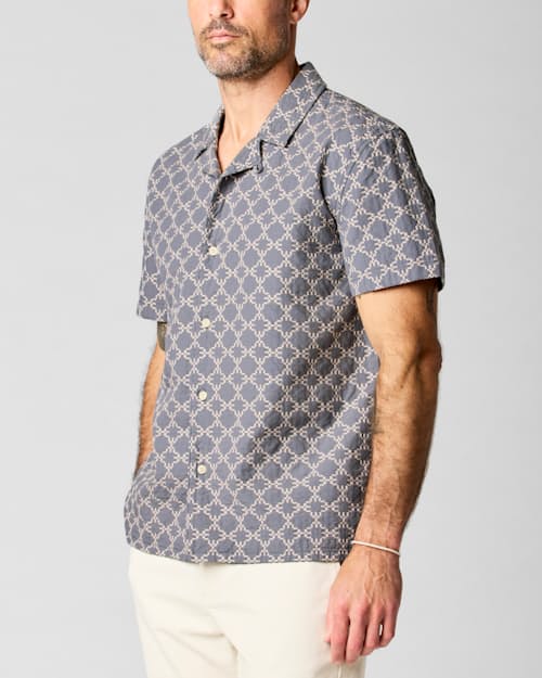on model image of Embroidered Dobby Camp Collar Shirt