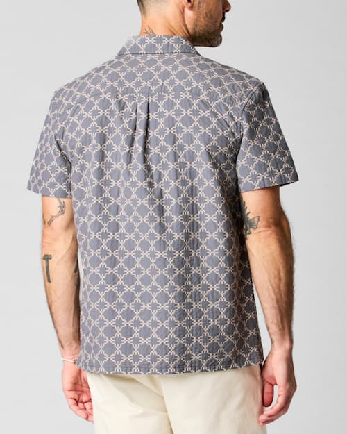 on model image of Embroidered Dobby Camp Collar Shirt
