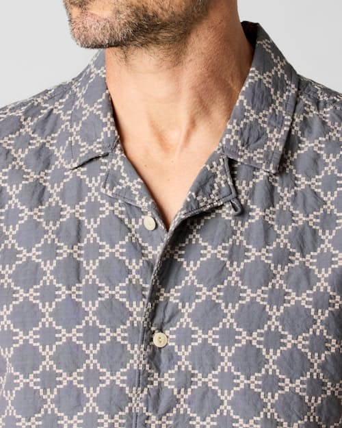 on model image of Embroidered Dobby Camp Collar Shirt