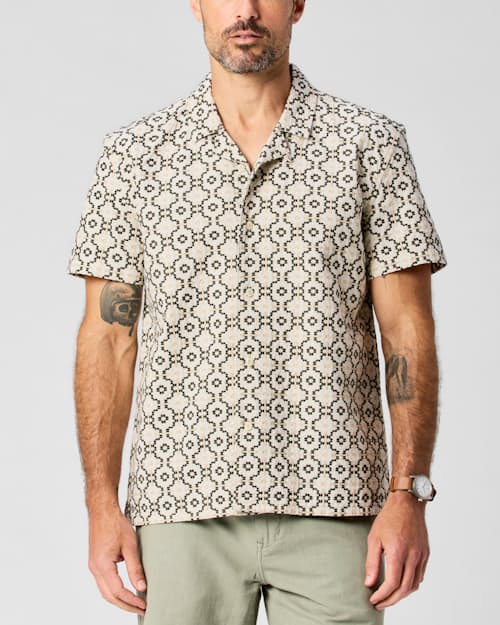 lifestyle image of Embroidered Dobby Camp Collar Shirt