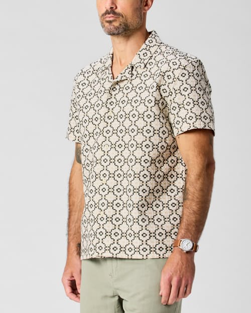 lifestyle image of Embroidered Dobby Camp Collar Shirt